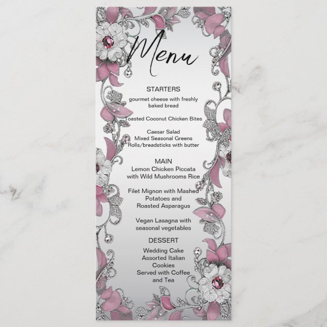 Pink Silver White Floral Wedding Menu (Front)