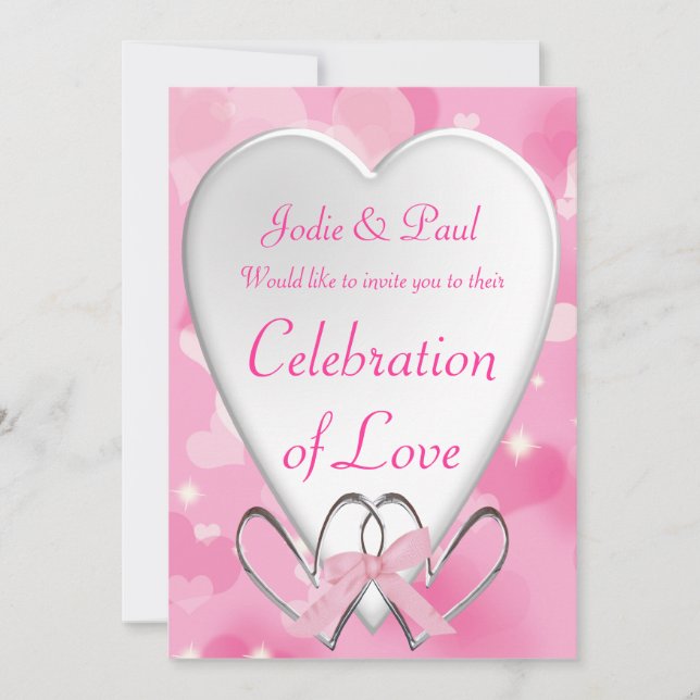 Pink Silver & White Hearts - Wedding Invitation (Front)