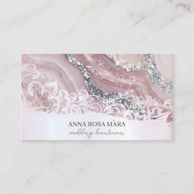 *~* Pink Silver White Ornate QR Agate  AP66 Luxe Business Card (Front)