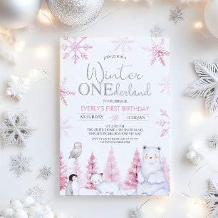 Pink Silver Winter Animals Onederland Birthday Invitation