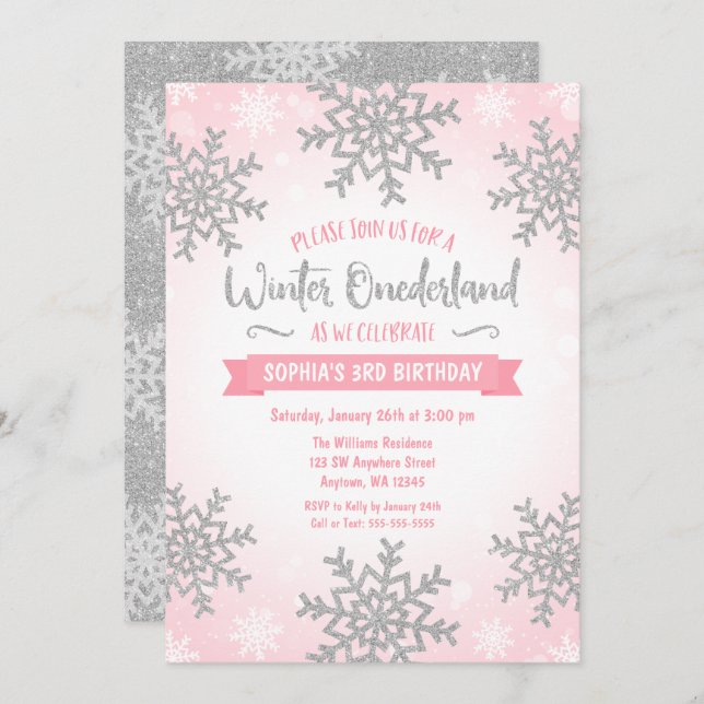 Pink Silver Winter ONEderland 1st Birthday Invite (Front/Back)