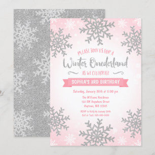 Pink Silver Winter ONEderland 1st Birthday Invite