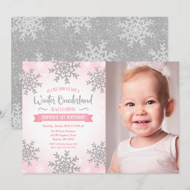 Pink Silver Winter ONEderland 1st Birthday Photo Invitation (Front/Back)