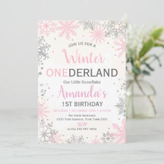 Pink Silver Winter ONEderland Birthday Invitation