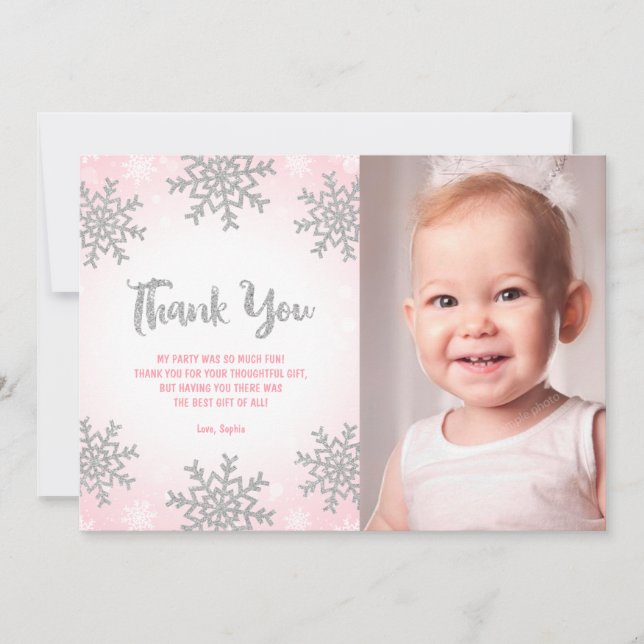 Pink Silver Winter ONEderland Birthday Photo Thank You Card (Front)