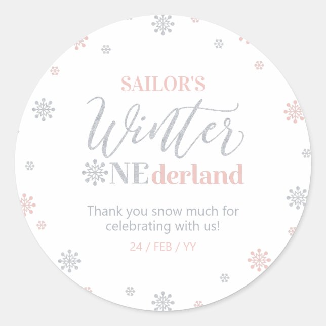 Pink Silver Winter onederland Thank you snow much Classic Round Sticker (Front)