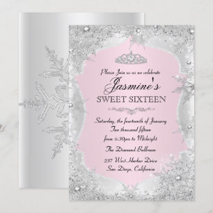 Pink Silver Winter Snowflake Sweet 16 Invitation