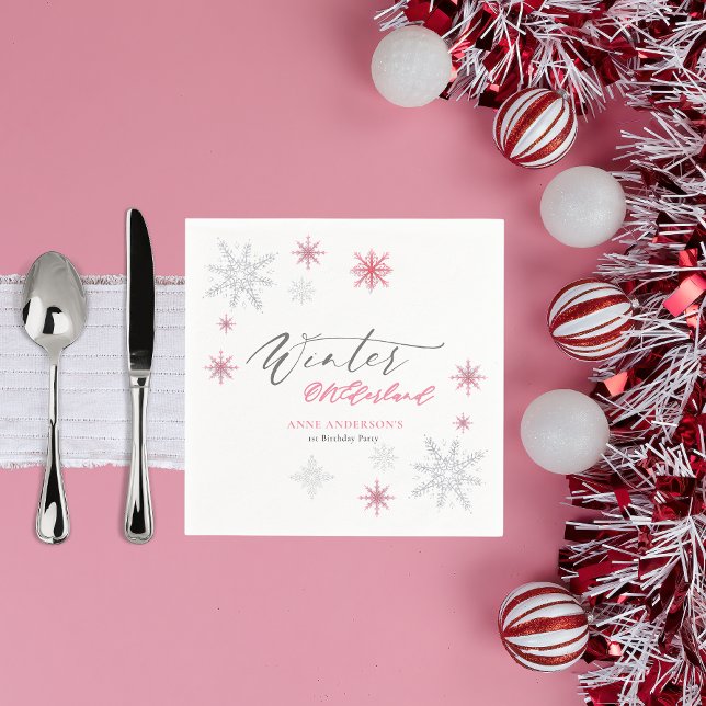 Pink Silver Winter Snowflakes 1st Birthday  Napkin (Creator Uploaded)