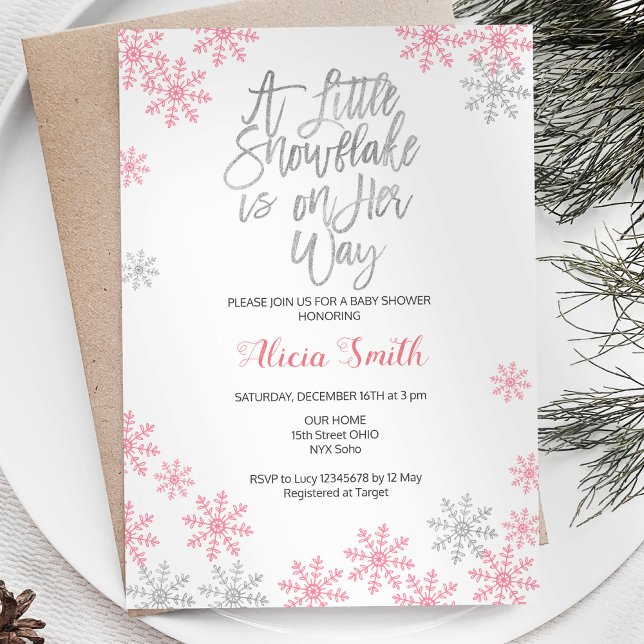 Pink Silver Winter Wonderland Girl Baby Shower Invitation (Creator Uploaded)