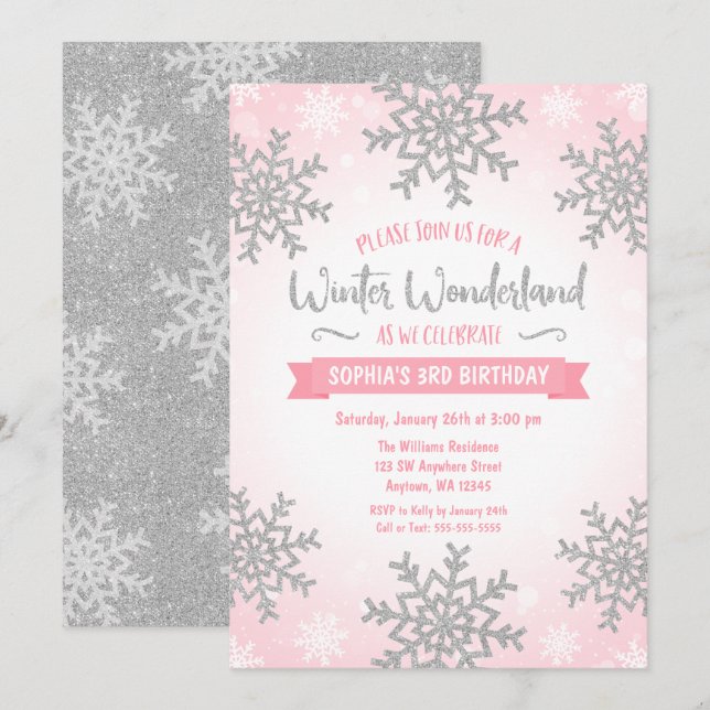 Pink Silver Winter Wonderland Girl Birthday Invitation (Front/Back)