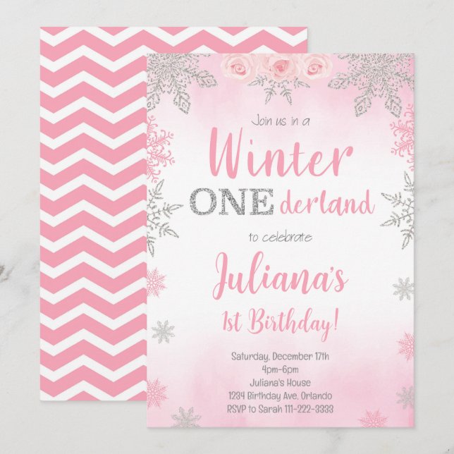 Pink Silver Winter Wonderland Invitation (Front/Back)