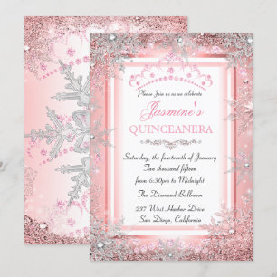 Pink Silver Winter Wonderland Quinceanera Party Invitation