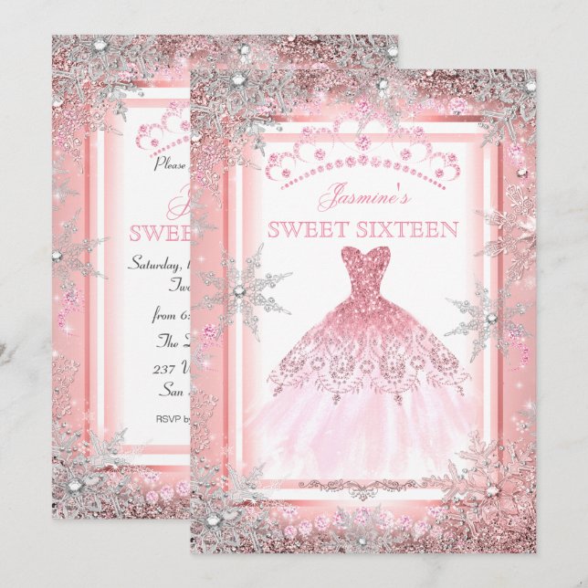 Pink Silver Winter Wonderland Sweet 16 Birthday Invitation (Front/Back)