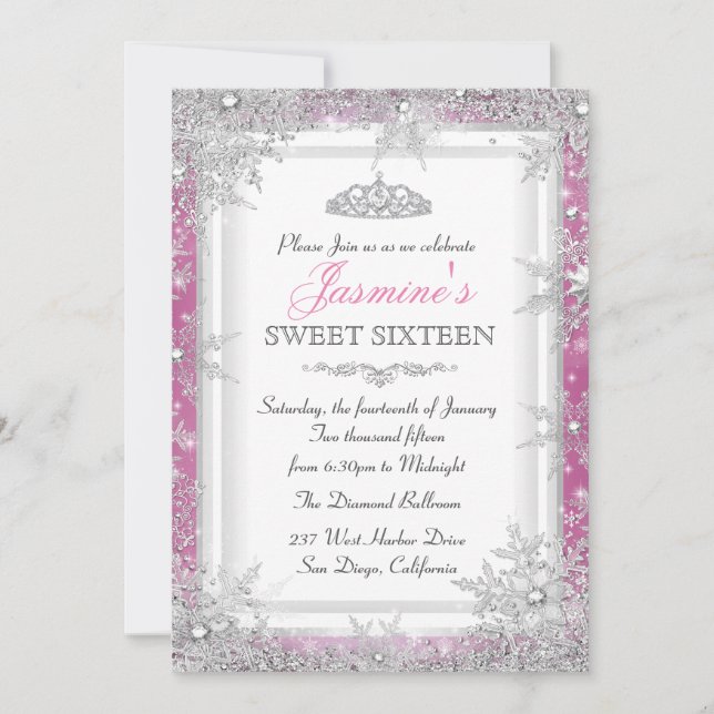 Pink Silver Winter Wonderland Sweet 16 Invitation (Front)