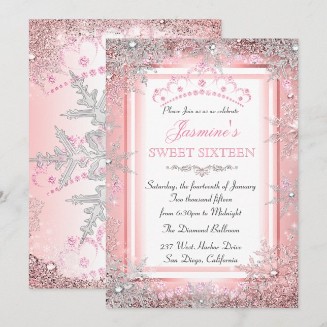 Pink Silver Winter Wonderland Sweet 16 Party Invitation (Front/Back)