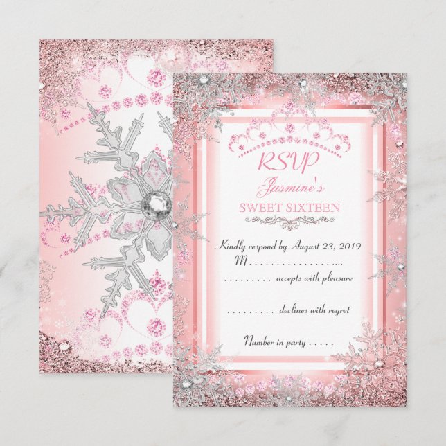 Pink Silver Winter Wonderland Sweet 16 Party RSVP Invitation (Front/Back)