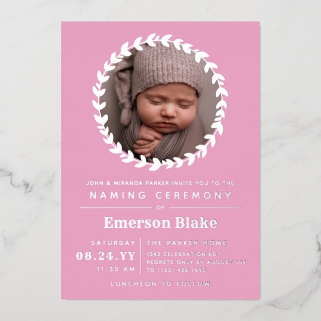 Pink & Silver Wreath Baby Photo Naming Ceremony (Front)