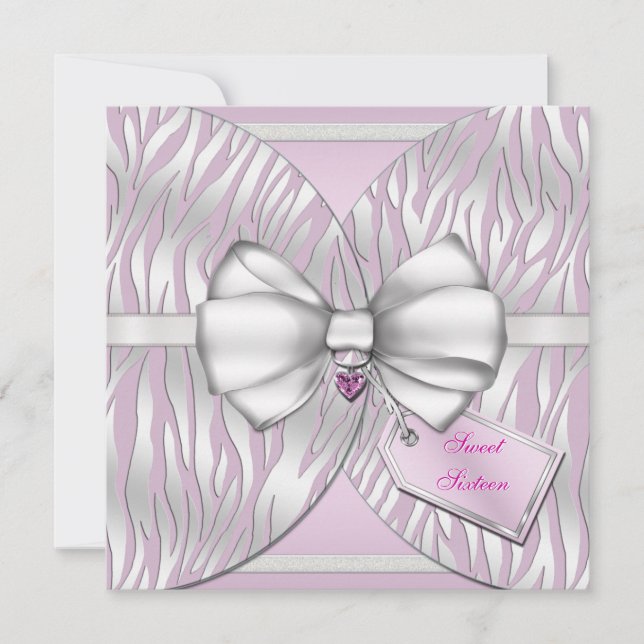 Pink Silver Zebra Invite Ribbon & Jewelled Bow (Front)