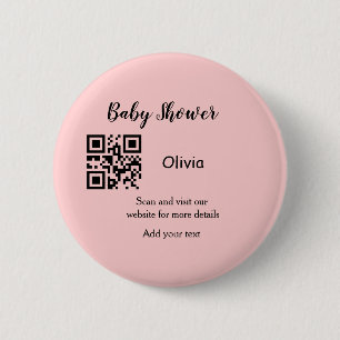 Pink simple baby shower q r code add name text thr 6 cm round badge