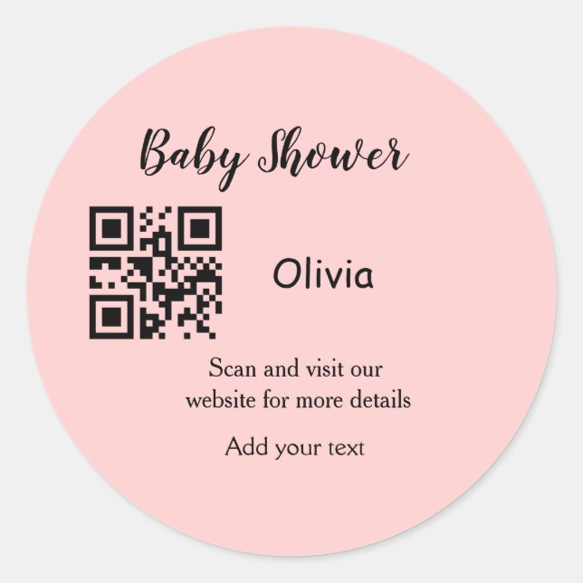 Pink simple baby shower q r code add name text thr classic round sticker (Front)