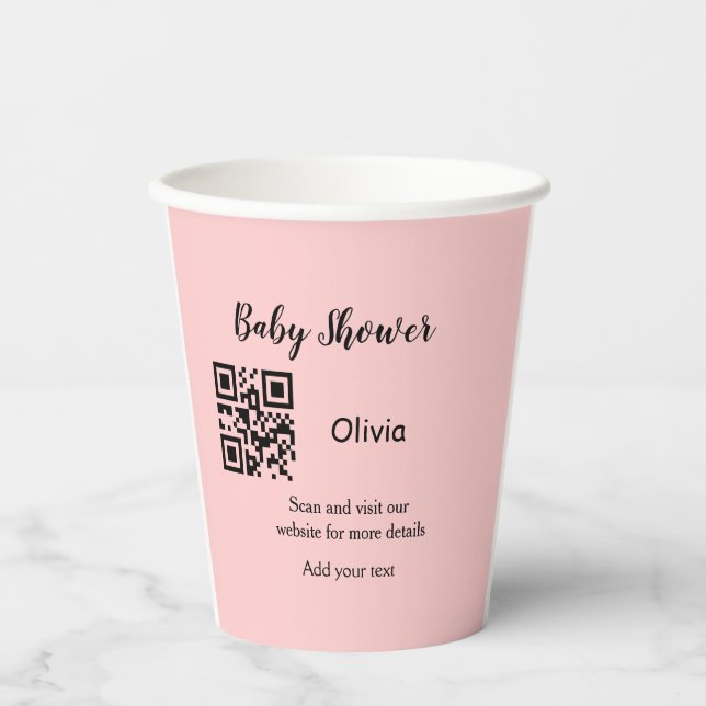 Pink simple baby shower q r code add name text thr paper cups (Front)