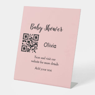 Pink simple baby shower q r code add name text thr pedestal sign