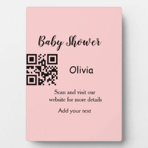 Pink simple baby shower q r code add name text thr plaque
