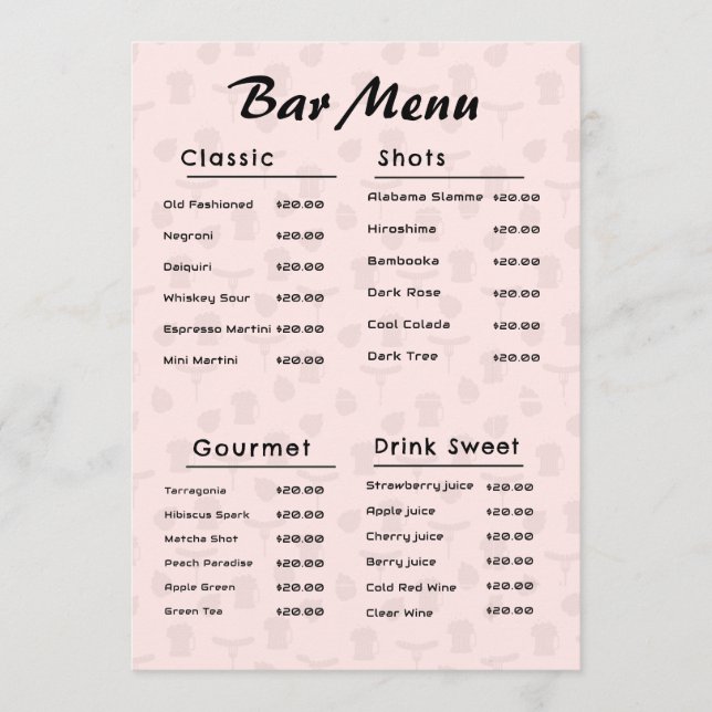 Pink Simple Bar Drink Menu (Front)