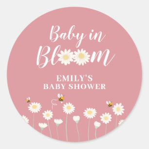 Pink Simple Boho Daisy Floral Baby In Bloom Shower Classic Round Sticker