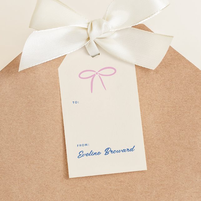 Pink Simple Bow Blank Gift Tag (everyday gifts tag featuring a simple pink bow and soft blue personalized text with a pattern)