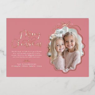Pink Simple Bow Wavy Photo Christmas Foil Holiday Card