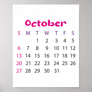Pink Simple Calendar October 2023 Poster