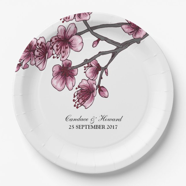 Pink Simple Cherry Blossoms Paper Plates (Front)