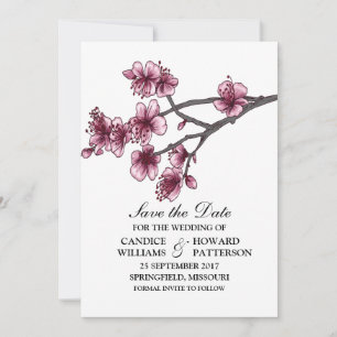 Pink Simple Cherry Blossoms Save the Date Invite