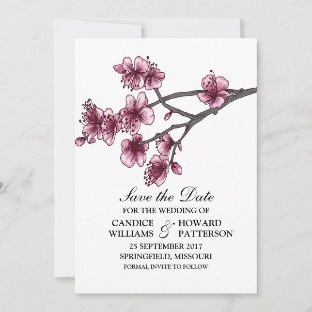 Pink Simple Cherry Blossoms Save the Date Invite (Front)