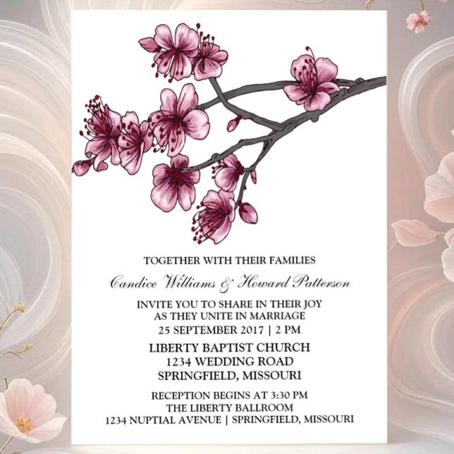 Pink Simple Cherry Blossoms Wedding Invite (Pink Simple Cherry Blossom Wedding Invite)