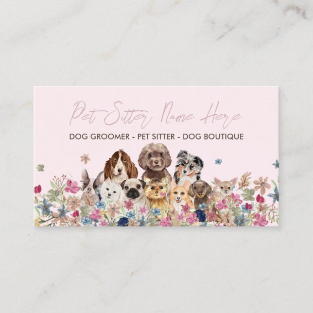 Pink Simple Dog Breed Puppy Grooming Petsitter Business Card (Front)
