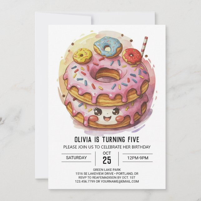 Pink Simple Doughnuts Birthday Invitation (Front)