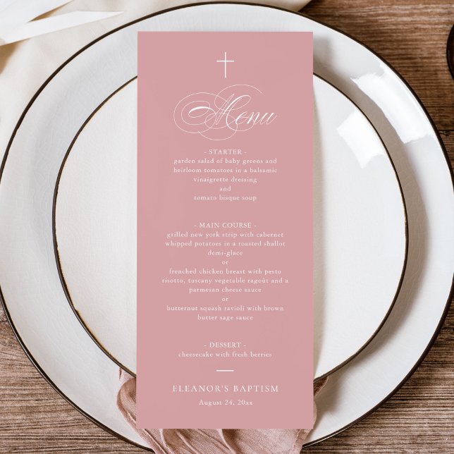 Pink Simple Elegant Cross Calligraphy Baptism Menu (Creator Uploaded)
