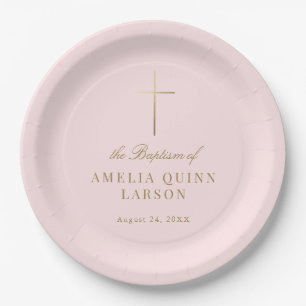 Pink Simple Elegant Gold Cross Baptism Christening Paper Plate