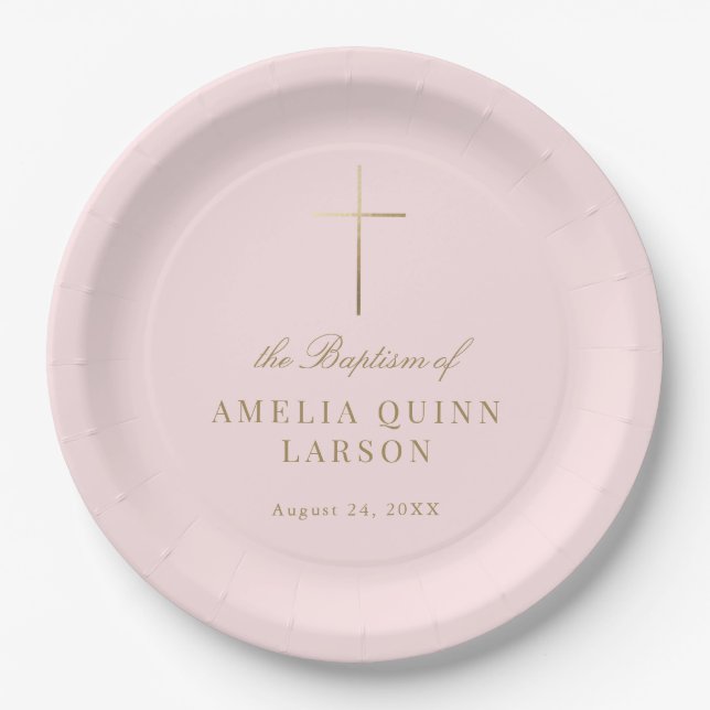 Pink Simple Elegant Gold Cross Baptism Christening Paper Plate (Front)
