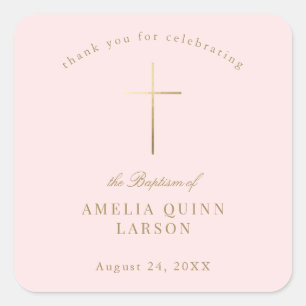 Pink Simple Elegant Gold Cross Baptism Christening Square Sticker