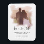 Pink Simple Elegant Modern Script Watercolor Photo Magnet<br><div class="desc">"Pink Simple Elegant Modern Script Watercolor Photo Save the Date." Elegant and understated, this photo Save the Date magnet features your engagement photograph under a soft pink watercolor wash that will add a romantic filtered effect. A lovely and useful keepsake gift for family and friends. Art by internationally licensed artist...</div>