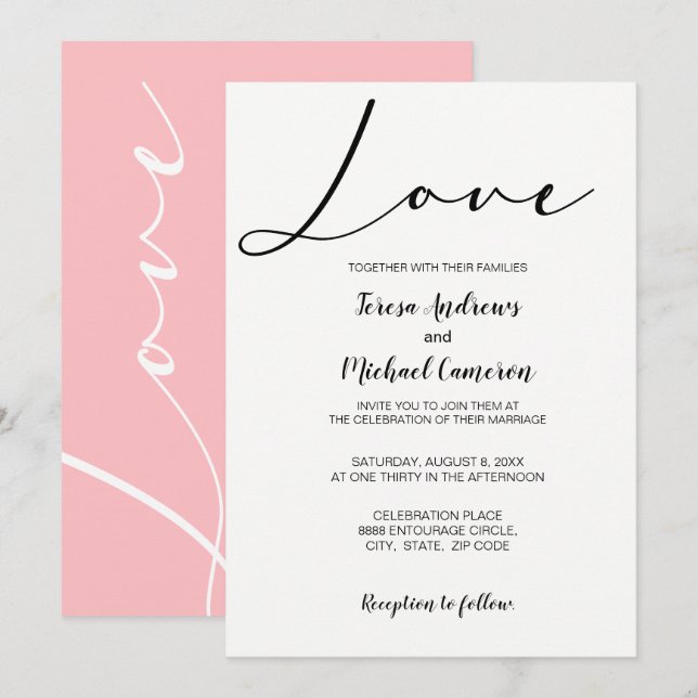 Pink Simple elegant typography Love Wedding Invitation (Front/Back)