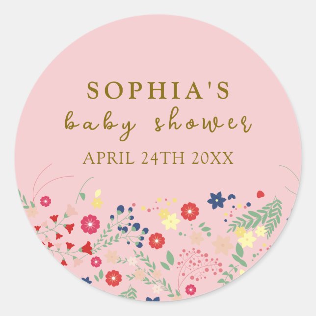 Pink Simple Elegant Wildflower Girl Baby Shower  Classic Round Sticker (Front)