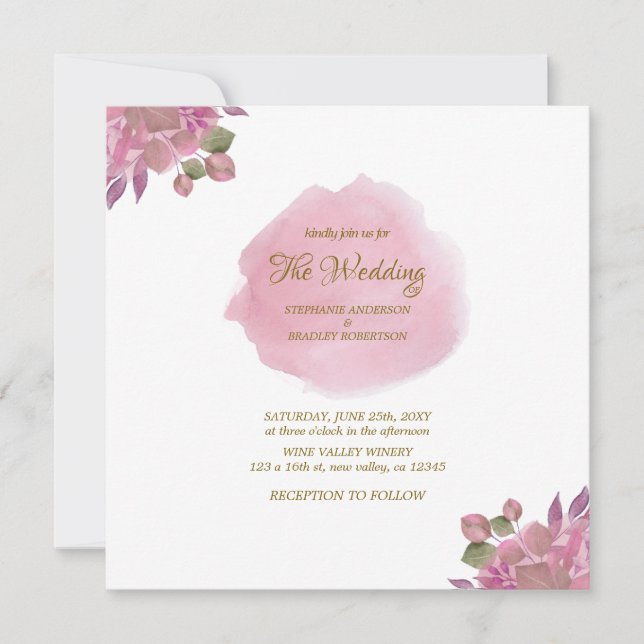 Pink Simple Floral Elegant Boho Modern Wedding Invitation (Front)