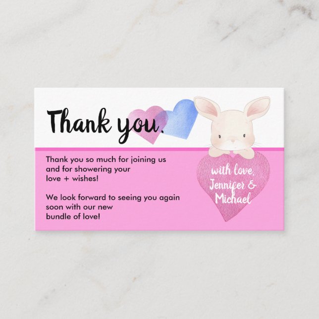 Pink Simple Heart Cute Baby Bunny Rabbit Thank You Enclosure Card (Front)