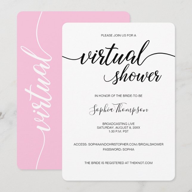 Pink Simple LIVE VIRTUAL wedding BRIDAL SHOWER Invitation (Front/Back)