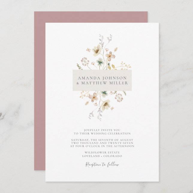 Pink Simple Minimal Elegant Pressed Floral Wedding Invitation (Front/Back)