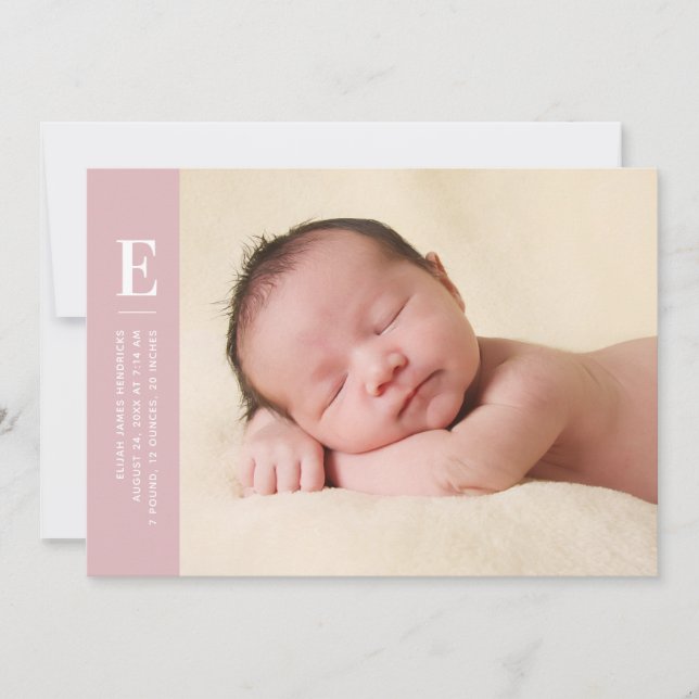 Pink Simple Monogram Girls Photo Birth Announcement (Front)
